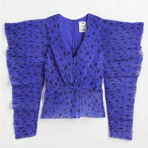 H&M Vibrant Blue Polka Dot Plisse Blouse - Picture 2 of 4